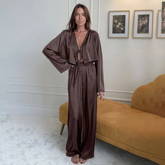 Chocolate Brown Satin Tie-Front Lounge Set