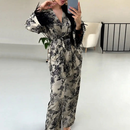 Printed Satin Kimono Lounge Set