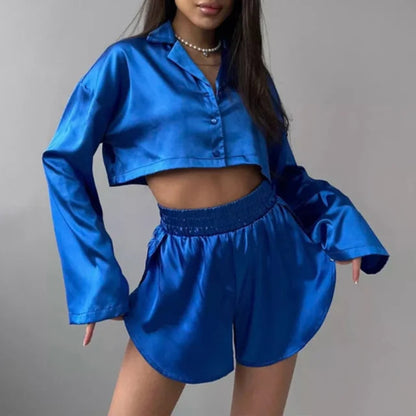Silky Satin Cropped Top & Shorts Loungewear Set