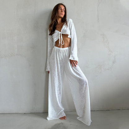 Tie-Front Lounge Set – Long Sleeve & Wide-Leg Pants