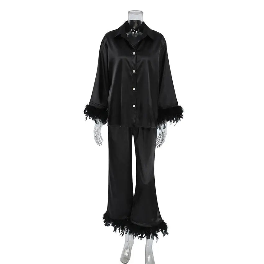 Black Satin Feather-Trim Pajama Set