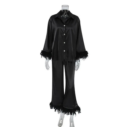 Black Satin Feather-Trim Pajama Set
