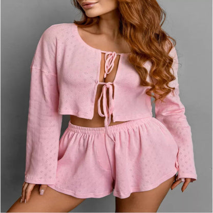 Tie-Front Pointelle Knit Lounge Set