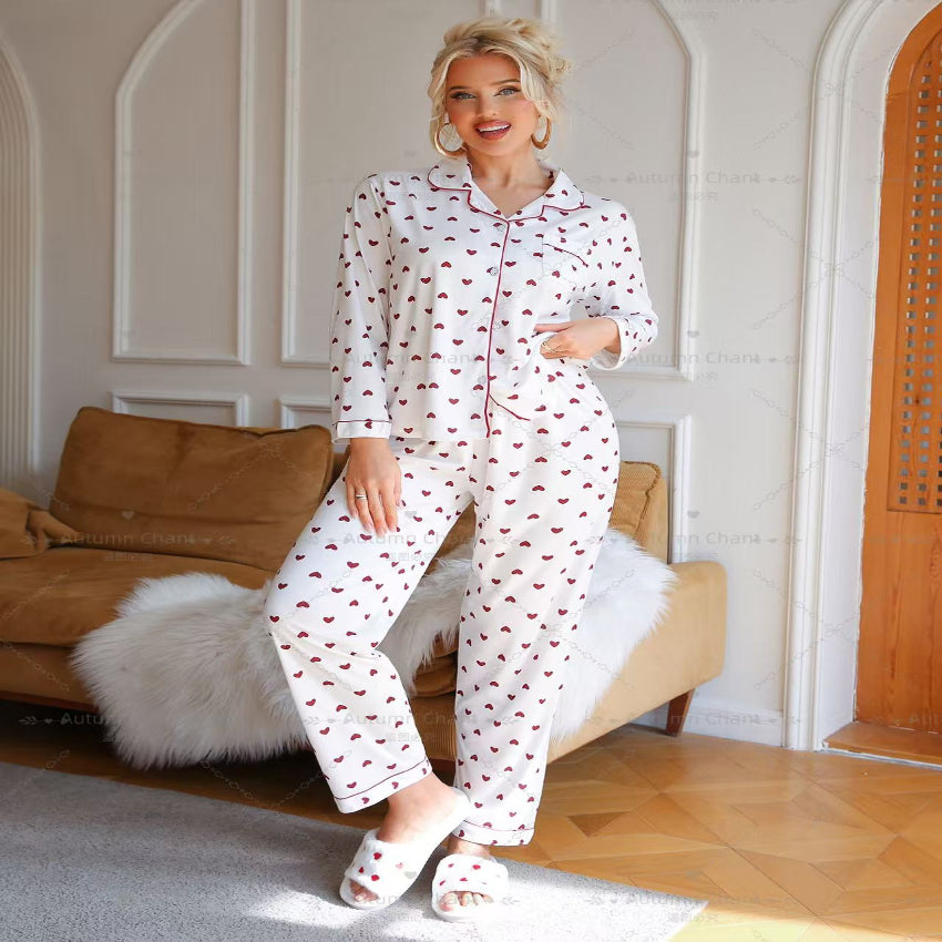 White & Red Heart Print Pajama Set