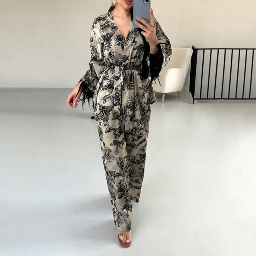 Printed Satin Kimono Lounge Set