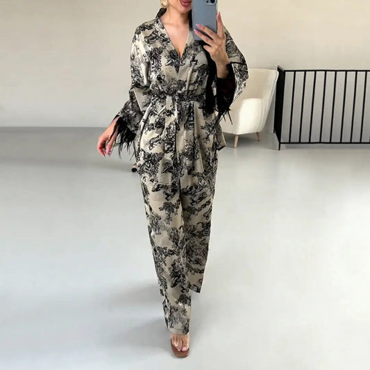 Printed Satin Kimono Lounge Set