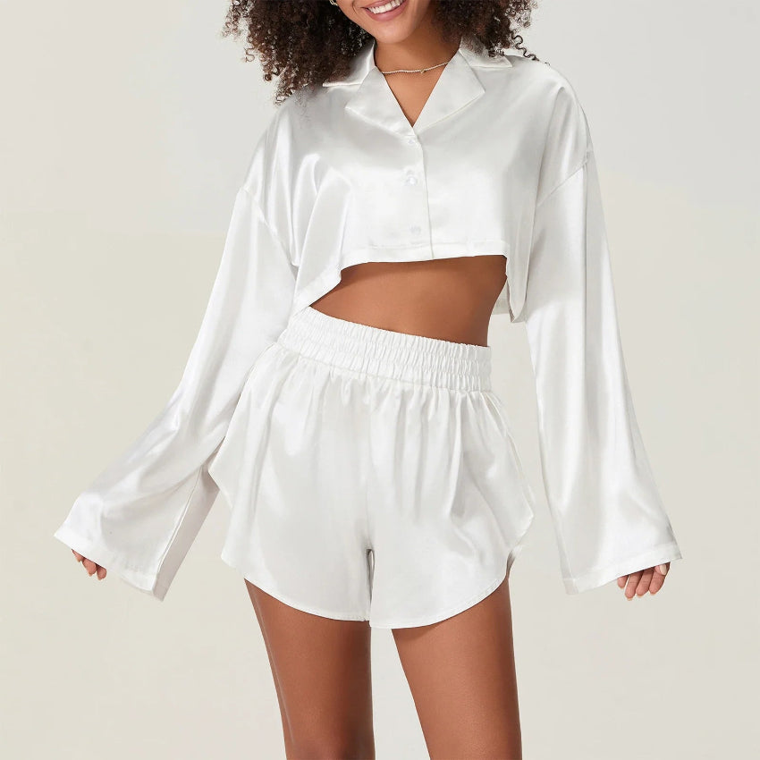 Silky Satin Cropped Top & Shorts Loungewear Set