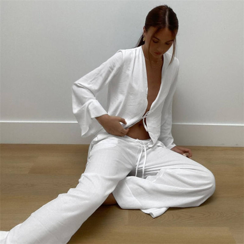 White Tie-Front Relaxed Lounge Set