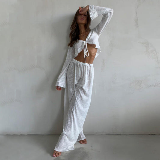Tie-Front Lounge Set – Long Sleeve & Wide-Leg Pants