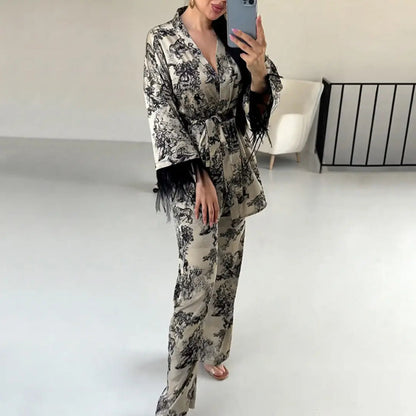 Printed Satin Kimono Lounge Set
