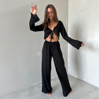 Tie-Front Lounge Set – Long Sleeve & Wide-Leg Pants
