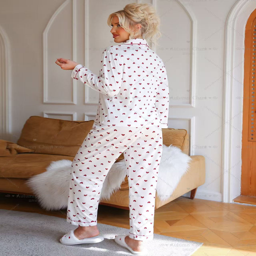 White & Red Heart Print Pajama Set