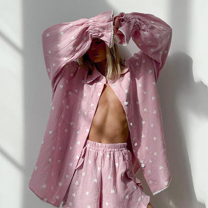 Women’s Cute Button Up Heart Print Pajama Set