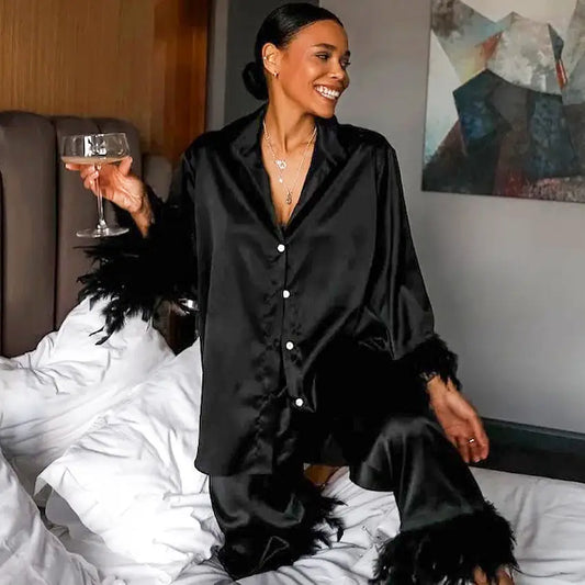 Black Satin Feather-Trim Pajama Set