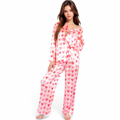 Pink Heart Print Satin Women’s Pajama Set