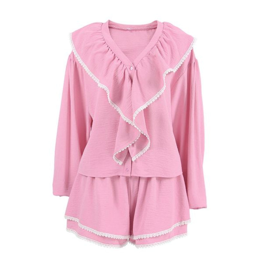 Women’s Pink Ruffle Lace Trim Lounge Set
