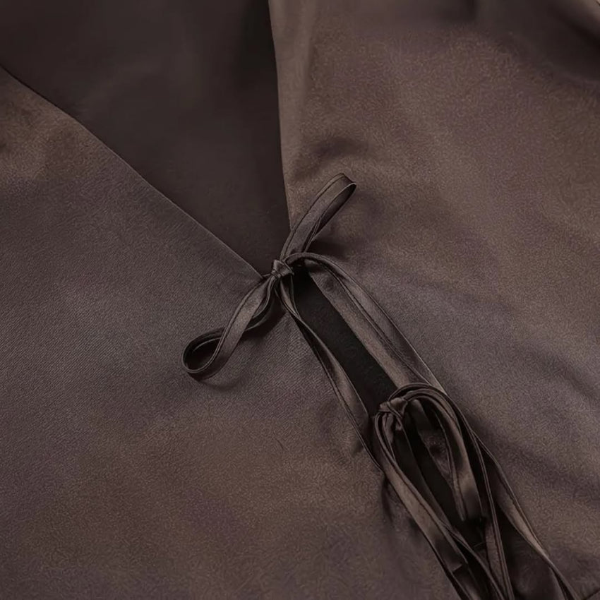 Chocolate Brown Satin Tie-Front Lounge Set