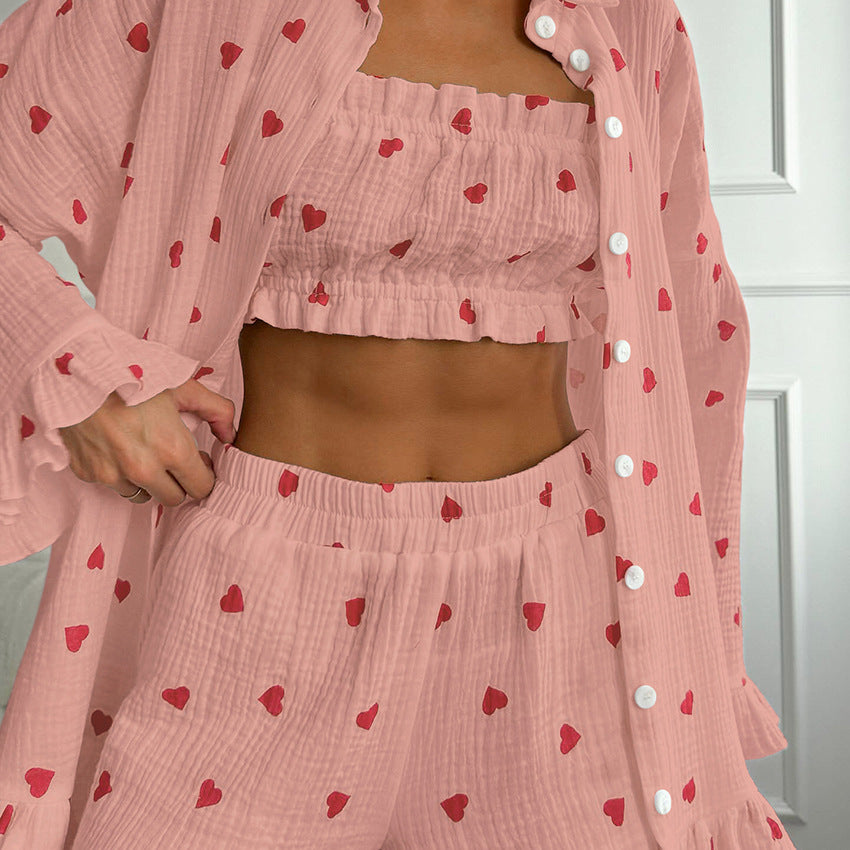 Women’s Heart Print Ruffle Lounge Set