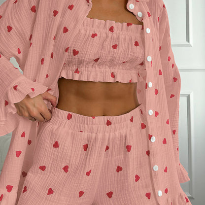 Women’s Heart Print Ruffle Lounge Set