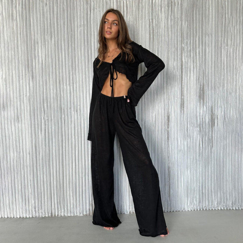 Tie-Front Lounge Set – Long Sleeve & Wide-Leg Pants