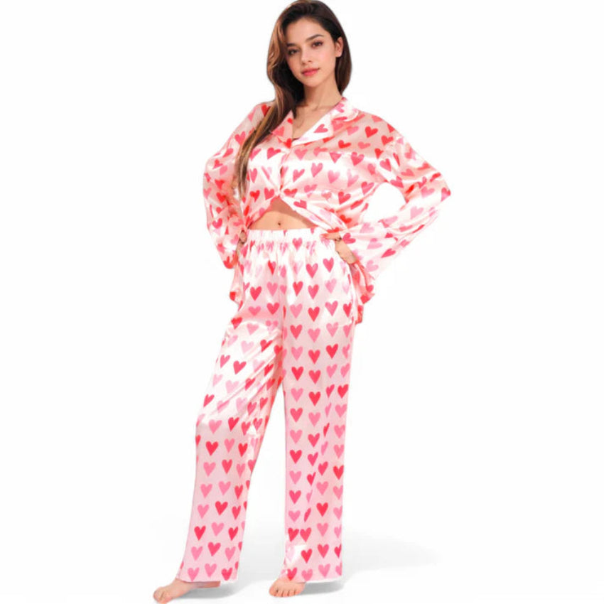 Pink Heart Print Satin Women’s Pajama Set