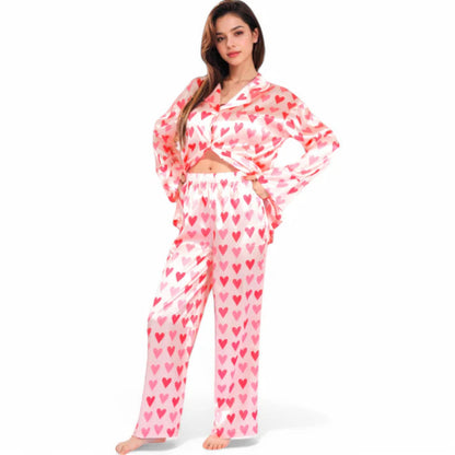 Pink Heart Print Satin Women’s Pajama Set
