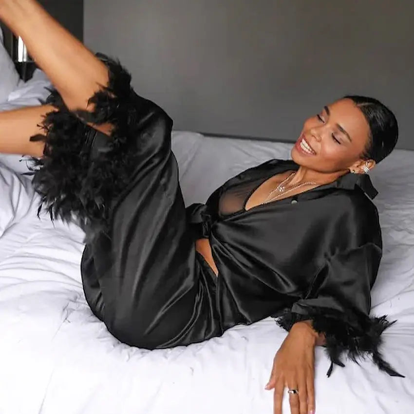 Black Satin Feather-Trim Pajama Set
