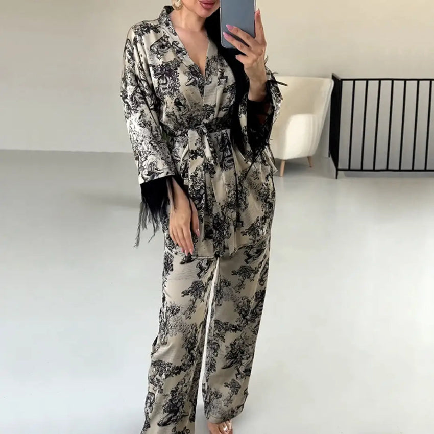 Printed Satin Kimono Lounge Set