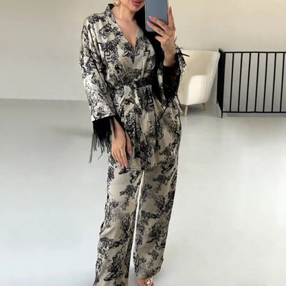 Printed Satin Kimono Lounge Set