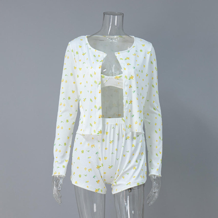 Yellow Floral Ribbed Pajama Set