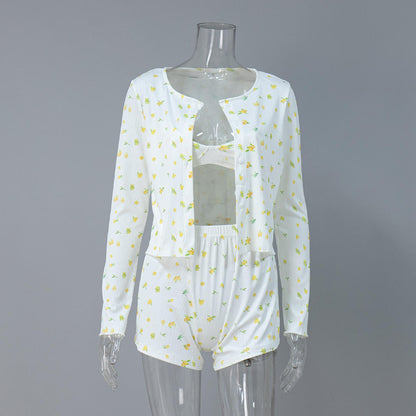 Yellow Floral Ribbed Pajama Set