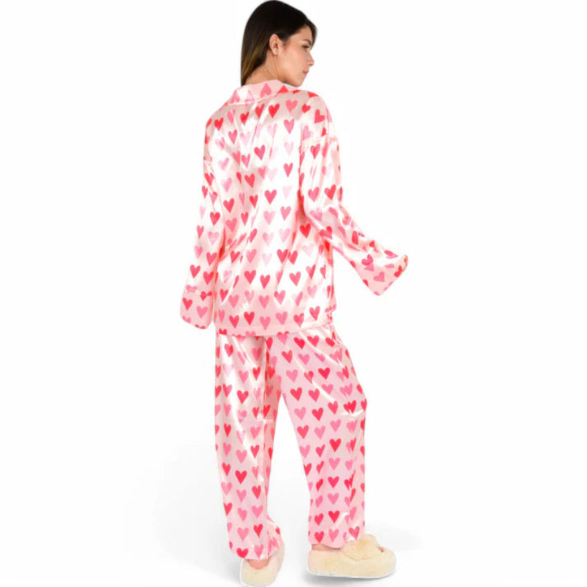 Pink Heart Print Satin Women’s Pajama Set