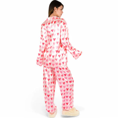 Pink Heart Print Satin Women’s Pajama Set