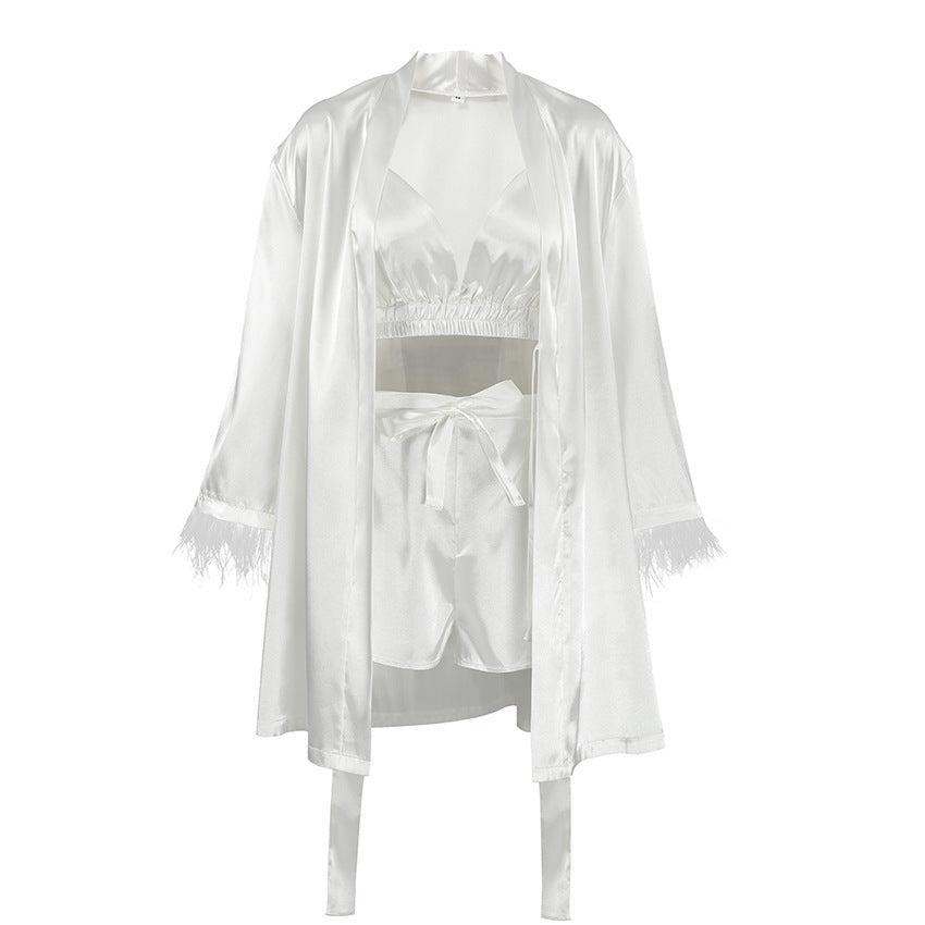 White Satin Robe, Bralette Top & Shorts Set