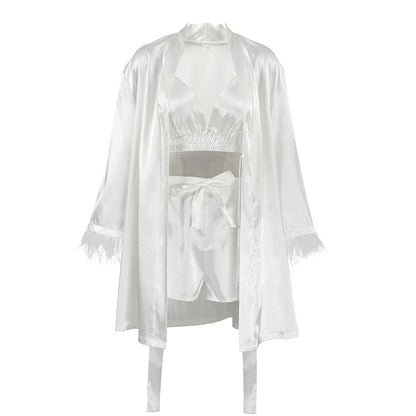 White Satin Robe, Bralette Top & Shorts Set
