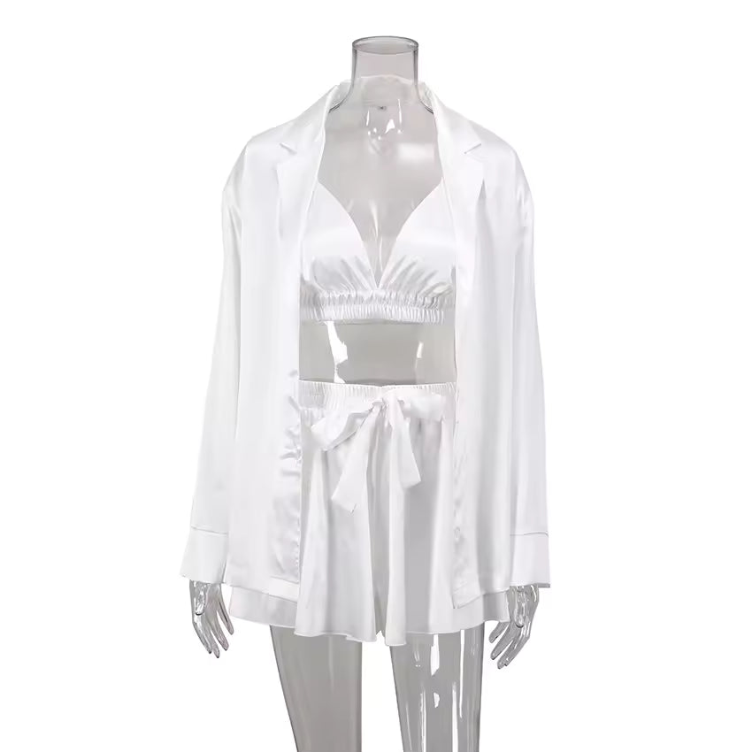 Silky Satin Cropped Top & Shorts Loungewear Set