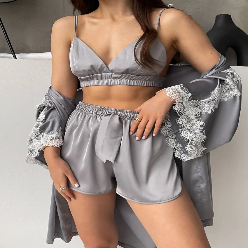 Lace Trim Satin 3-Piece Lounge Set – Bralette, Shorts & Robe