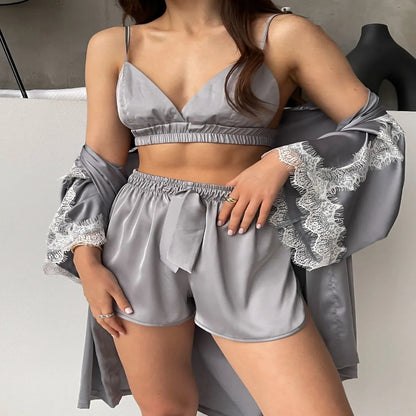 Lace Trim Satin 3-Piece Lounge Set – Bralette, Shorts & Robe