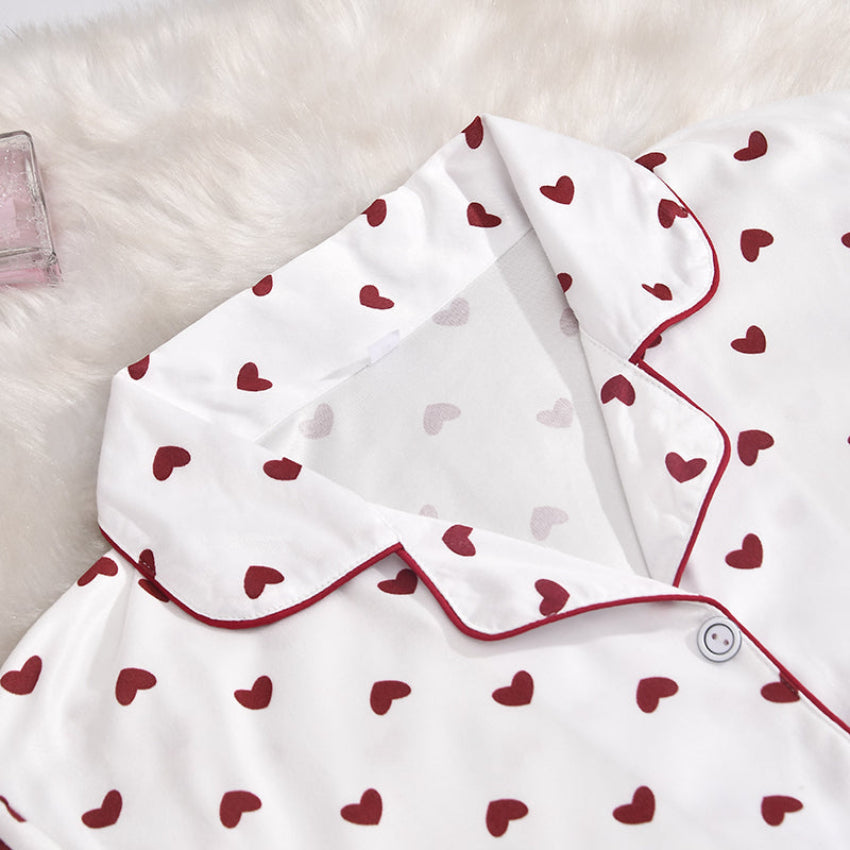 White & Red Heart Print Pajama Set