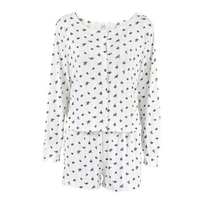 White Floral Print Button-Front Lounge Set
