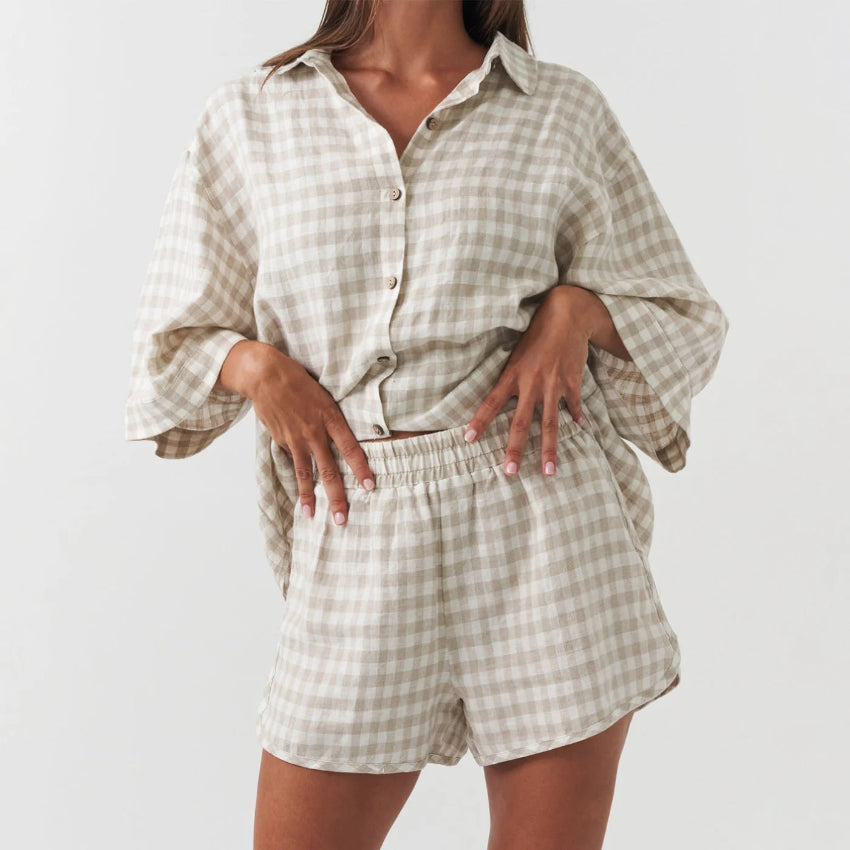 Beige Checked Relaxed Lounge Set