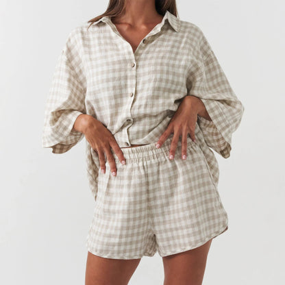 Beige Checked Relaxed Lounge Set