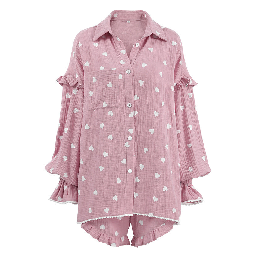 Women’s Cute Button Up Heart Print Pajama Set