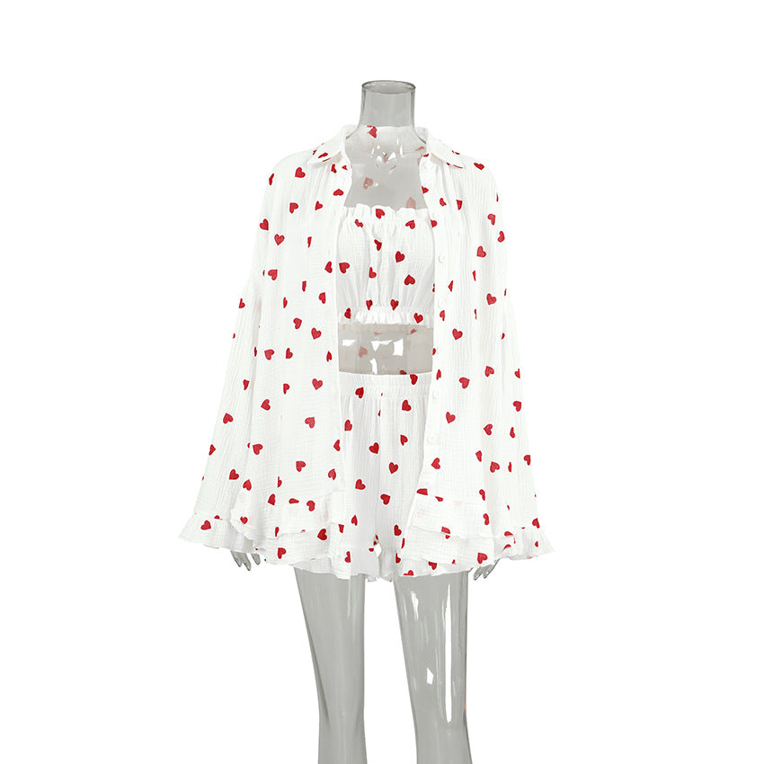 Women’s Heart Print Ruffle Lounge Set