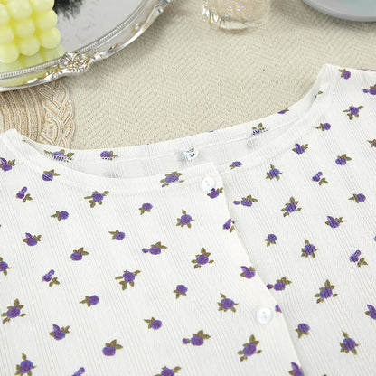 White Floral Print Button-Front Lounge Set