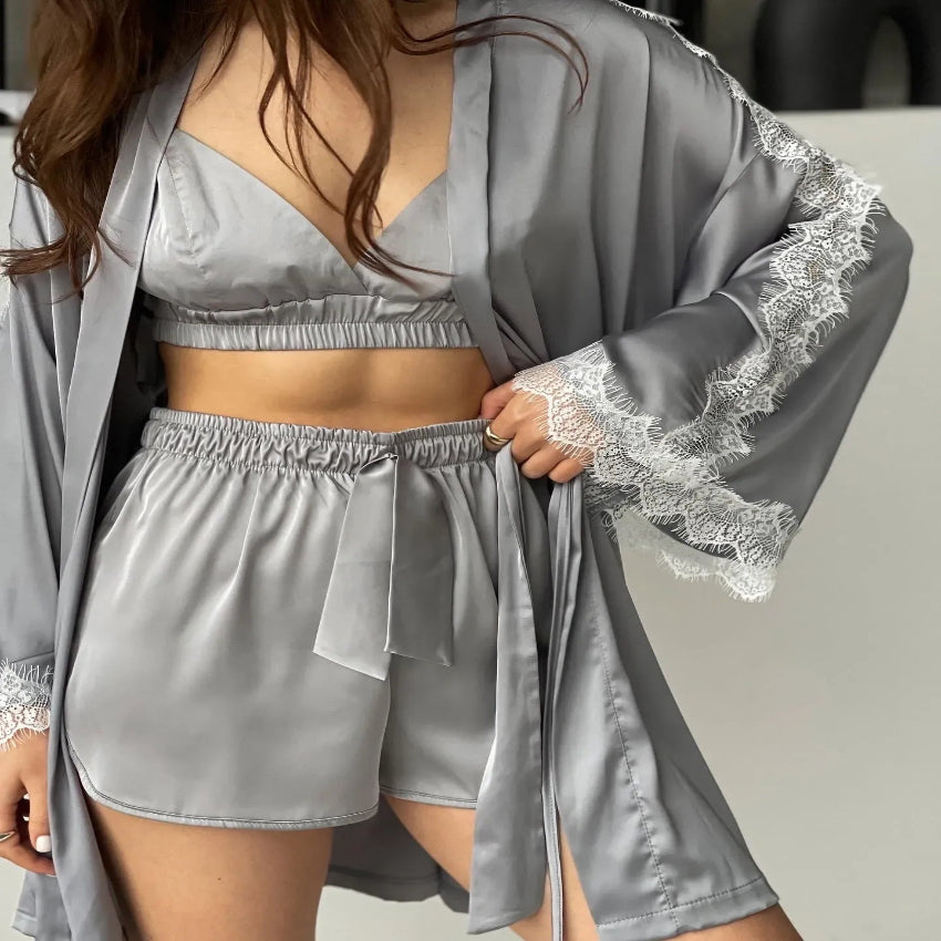 Lace Trim Satin 3-Piece Lounge Set – Bralette, Shorts & Robe
