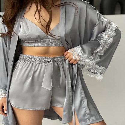 Lace Trim Satin 3-Piece Lounge Set – Bralette, Shorts & Robe